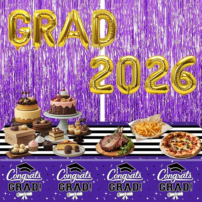 7-Pack Graduation Party Decorations Set, 3 Purple Graduation Tablecloths 54x108in, 2026 and Grad Balloons, 2 Foil Fringe Curtains for High School College Graduation Party Photo Booth