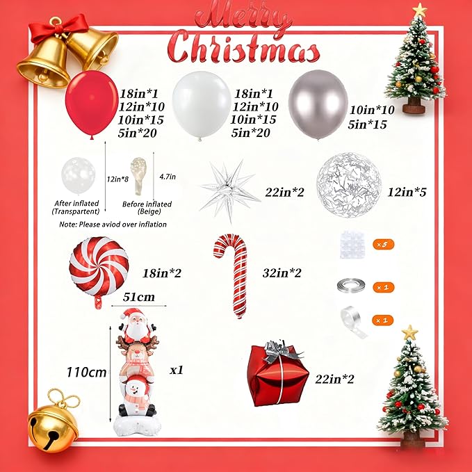Christmas Balloon Garland Arch kit with Red White Silver Balloons, Confetti Balloons, Candy, Cane, Explosion-Star, Gift Box, santa-claus elk snowman combo Foil Balloons for Xmas Party Decorations