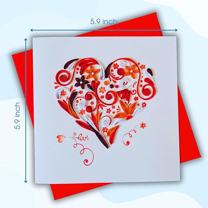 Quilling Cards, handmade card, quilled cards with Handmade Art for all occasions: quilling birthday card for women, Birthday card, mother... colorful heart design (Red heart)