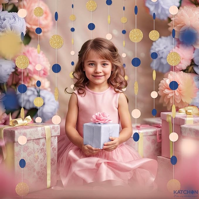 KatchOn, Circle Dots Paper Garland - 65 Feet, Pack of 5 | Colorful Birthday Garland for Pink Gold Birthday Decorations | Blue Gold Hanging Decorations for Wedding, Baby Shower, Bridal, Classroom Decor