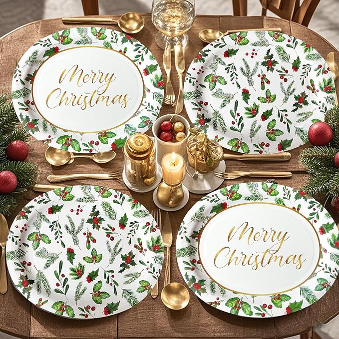 100Pcs Christmas Oval Paper Plates and Napkins Set -10" x 12" Large Disposable Party Plates for Christmas Party Dinner Tableware Decoration Supplies