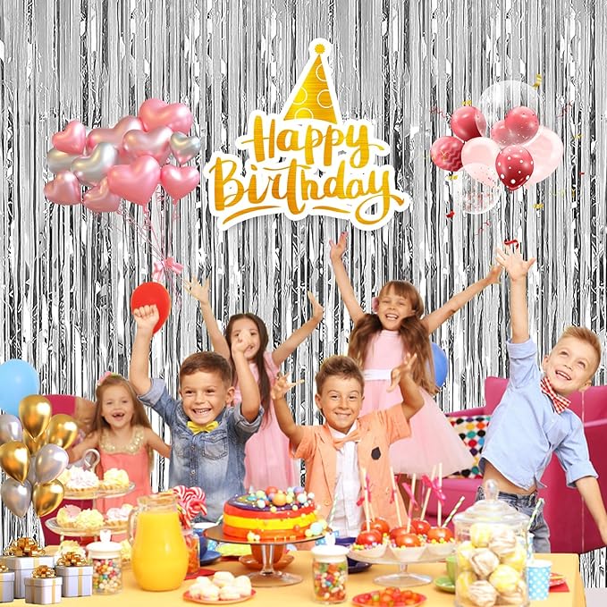 2 Pack 3.28 ft x 6.56 ft Silvery Tinsel Curtain Party Backdrop Decorations, Metallic Foil Fringe Backdrop Door for Halloween, Christmas, Birthday Graduation Wedding Party Streamers Photo Backdrop.