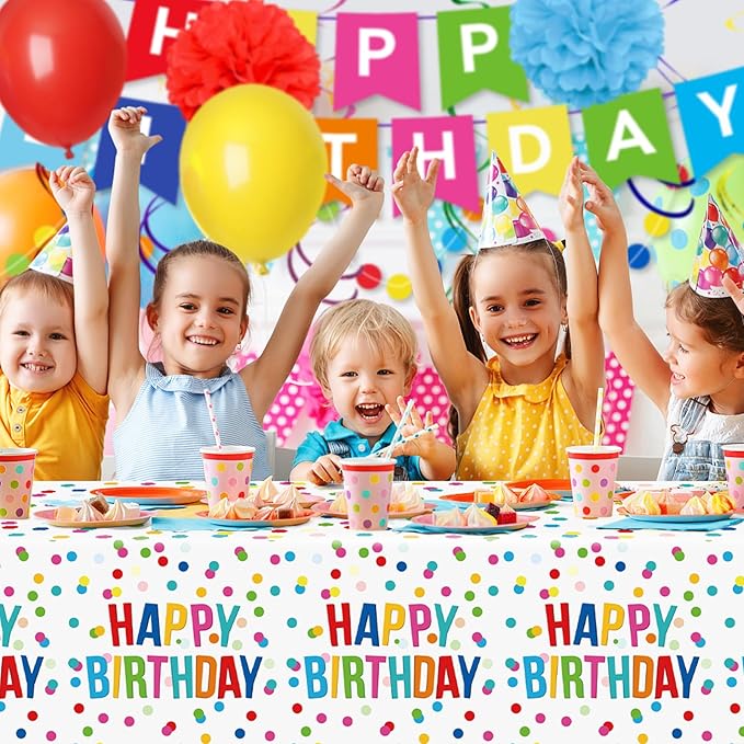 3pcs Birthday Tablecloth, Happy Birthday Decorations Set, Colorful Rainbow Dots Design with Happy Birthday Tablecloth. Waterproof Plastic Table Covers for Boys/Girls Party 54X108inch