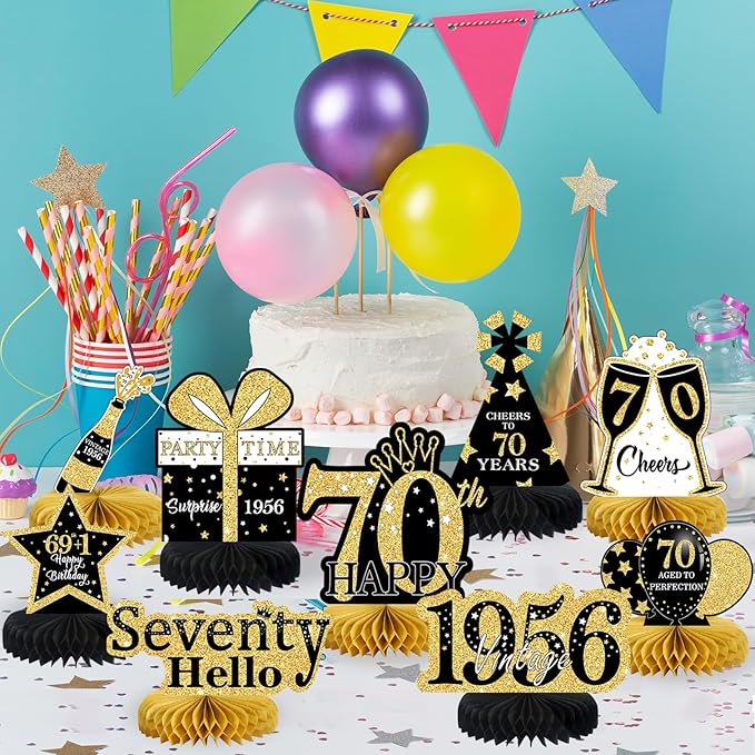 9Pcs 70th Birthday Decorations Honeycomb Centerpieces for Men Women, Black Gold Happy 70th Birthday Centerpieces Tables Toppers Party Decorations Supplies,Vintage 1955 Aged Birthday Table Sign Decor