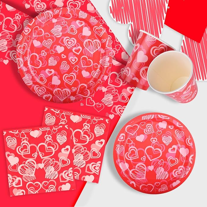 Gatherfun Valentine's Day Party Supplies Hot Heart Love Disposable Paper Plates Napkins Cups plastic Tablecloth with Banner for Valentine's Day, Engagements, Anniversary, Birthday Party Serve 25
