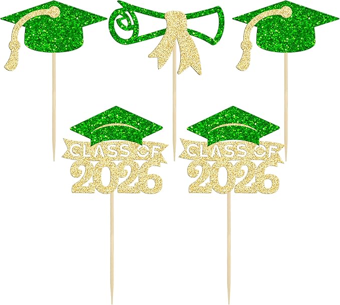 Gyufise 24Pcs 2026 Graduation Theme Cupcake Toppers Glitter Diploma Graduation Cap Class of 2026 Cupcake Picks for 2026 Graduation Theme Party Cake Decorations Supplies Gold Green
