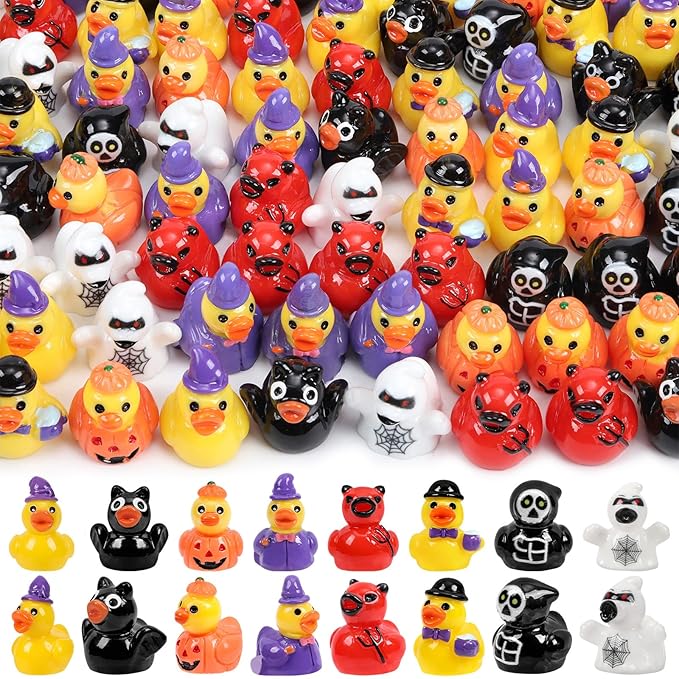 200 Pcs Halloween Mini Ducks 8 Styles Miniature Resin Ducks Bulk Skeleton Pumpkin Witch Devil Ghost Tiny Duck Figures for Halloween Party Favors Gift DIY Craft Dollhouse Decorations