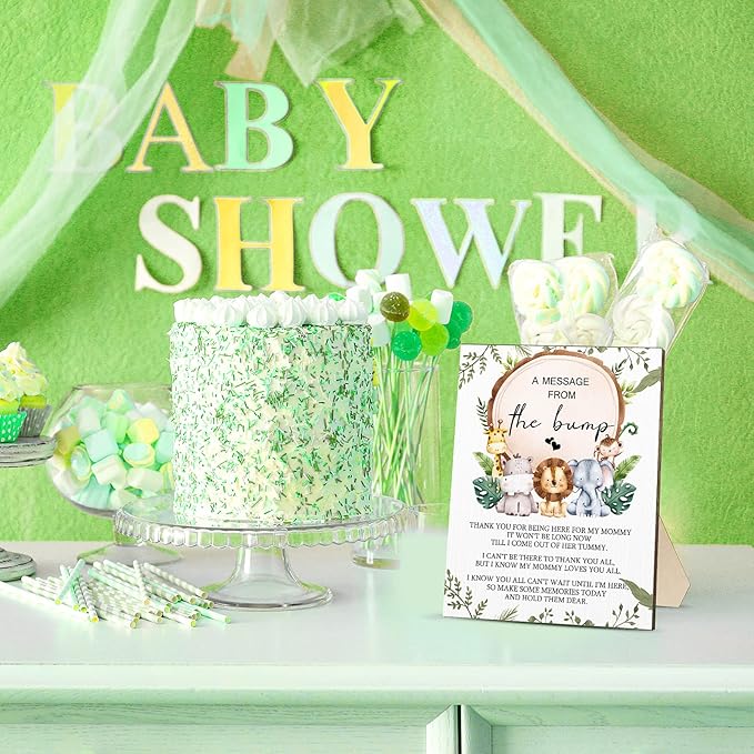 Roowest Cool Baby Shower Tabletop Decoration a Message from the Bump Wooden Baby Shower Games Sign Greenery Cute Gender Reveal Party Thank You Sign, 11.2 x 8.66 Inches(Animals)