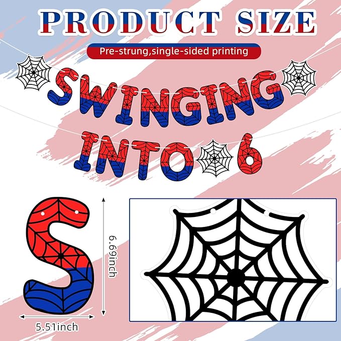 TaoBary Spider Theme 6th Birthday Banner, Pre-strung Swinging into 6 Banner, Spider 6th Birthday Decorations Party Supplies for Kids, Sixth Decor for 6 Year Old Boys Girls(Red and Blue)