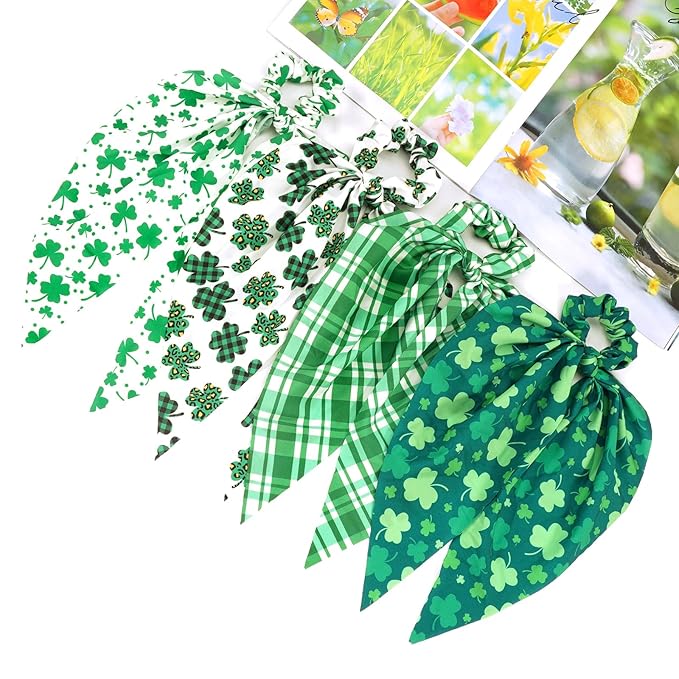 4pcs St.Patrick's Day Hair Ties for Woman Girls Green Plaid Shamrock Ribbon Hair Scrunchies Elastic Irish Lucky Leaf Hair Tie St.Patricks Party Supplies Hair Accessories