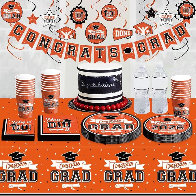 DAZONGE 2026 Orange Graduation Decorations, 265pcs Disposable Graduation Decorations, Class of 2026 Grad Party Supplies for 50 Guests, Tableware Set, Congrats Grad Banner and Hanging Swirls