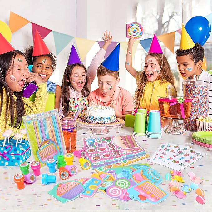 BenLouis 192Pcs Candyland Party Favors Ice Cream Donut Mini Notebook Stampers School Stationery Bulk for Kids Lollipop Sweet Treats Birthday Goodie Bags Pinata Filler Classroom Prizes Supplies