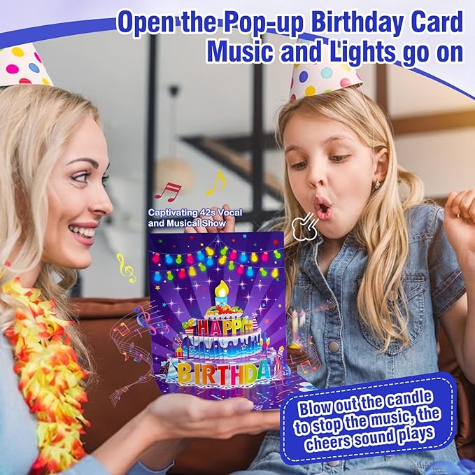 FaCraft 3D Pop Up Musical Birthday Cards for Women Men Kids - Large 7x7 Light Up Birthday Card with Music, Blowable LED Candle, 42s Vocal Song & Fiber Optic Stars with Envelope, Blank Insert, Seal