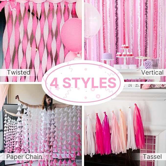 PartyWoo Crepe Paper Streamers 4 Rolls 328ft, Pack of Crepe Paper Perl Pink Streamers Decorations, Crepe Paper for Birthday Decorations, Party Decorations, Wedding Decorations (1.8 in x 82 Ft/Roll)