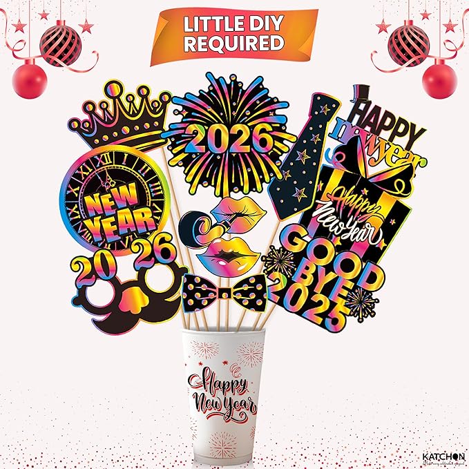 KatchOn, New Years Photo Booth Props 2026 - Pack of 30 | Neon New Years Eve Photo Booth Props for Happy New Years Decorations 2026 | New Years Eve Party Supplies 2026 | NYE Decorations 2026