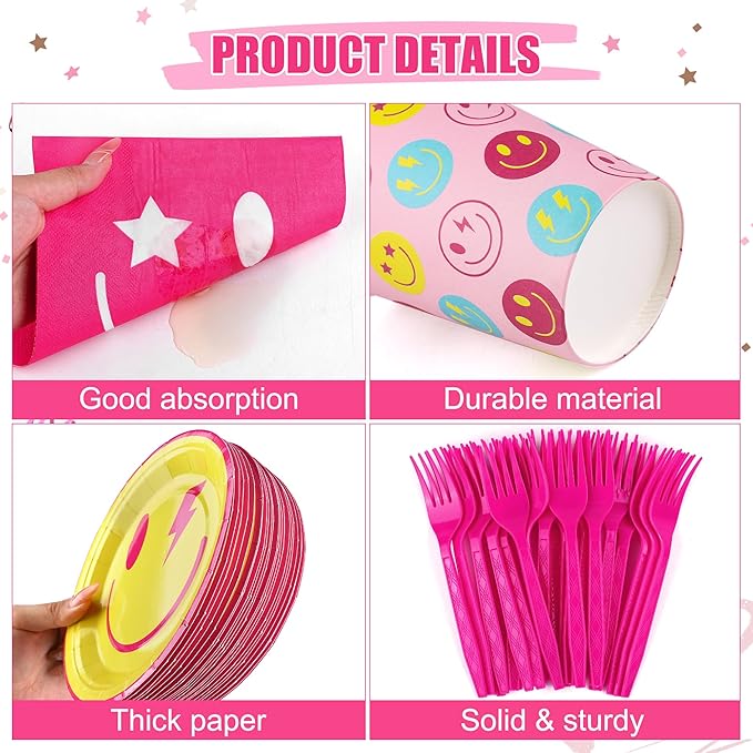 Kochorie 144 Pieces Preppy Smile Party Tableware Sets Including Disposable Plates Napkins Cups Forks Serves 24 for Smile Face Party Birthday Baby Shower Decor Party Supplies