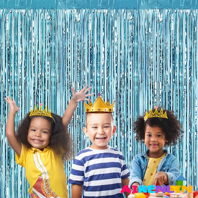 4 Pack 3.3Ft x 6.6Ft Light Blue Foil Fringe Curtain Backdrop, Metallic Tinsel Foil Fringe Streamers Curtains Background for Photo Booth, Birthday, Wedding, Halloween, Christmas Party Decoration