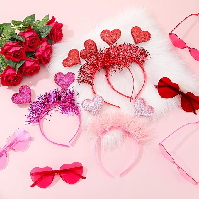 JATEBI 12PCS Valentines Day Heart Headbands and Heart Shape Sunglasses Valentine's Accessories for Women Hair Birthday Easter Party Costume Accessory