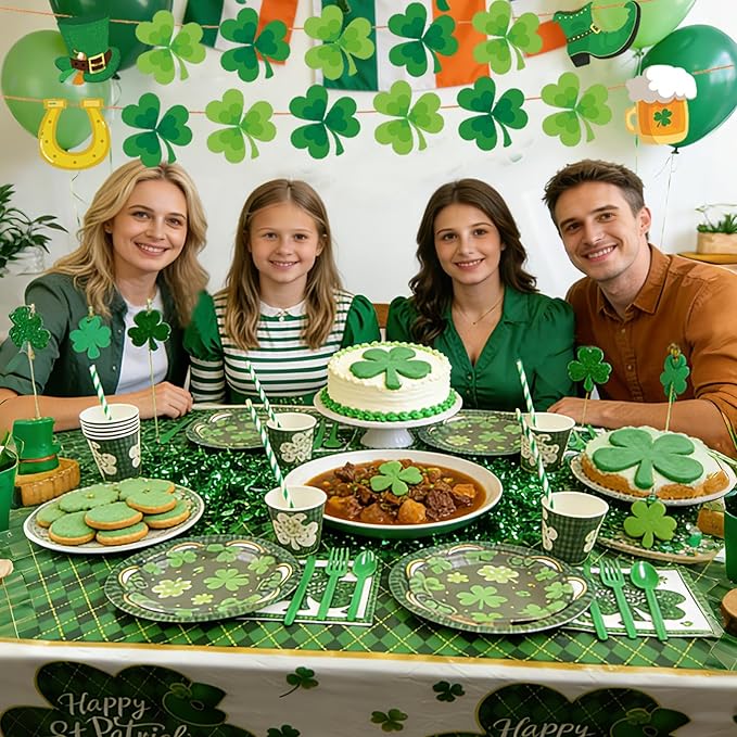 194 Pcs St Patricks Day Paper Plates & Napkins,Green Shamrock Paper Plates St Patricks Dinnerware Disposable Including Cup Straw Plastic Cutlery Banner Tablecloth for Saints Day Party Supplies
