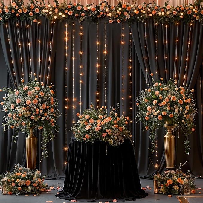 10 x 10ft Black Backdrop Curtains with Lights String for Birthday Party Spandex Photo Background Drapes Wrinkle Free Curtains Backdrop for Party Wedding Reception Baby Shower Ceremony-5 x 10ft x 2P