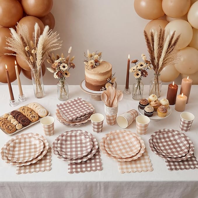 Yaomiao 168 Pcs Gingham Plates and Napkins Beige Plaid Disposable Dinnerware Sets Brown Gingham Plates Cups Napkin Knife Fork Spoon Serve 25 Guests for Wedding Baby Shower Birthday Party Supplies