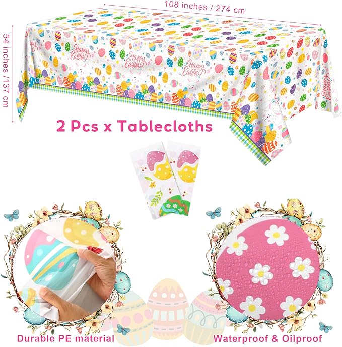 Kochorie 194 Pcs Colorful Easter Tableware Set Bunny Egg Dinnerware Supplies Include Paper Plates Napkins Cups Cutlery Tablecloth for Spring Easter Party Decoration, Serves 24 Guests
