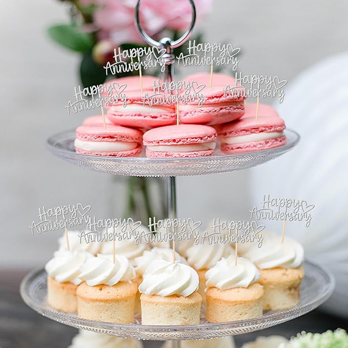 24 PCS Happy Anniversary Cupcake Toppers Glitter Wedding Anniversary Cupcake Picks Happy Anniversary Cupcake Decorations Baby Shower Birthday Wedding Anniversary Party Cake Decorations Supplies Silver