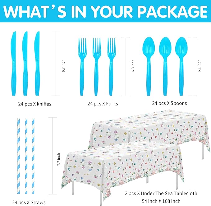 APOWBLS Under The Sea Party Decorations For Ocean Theme Birthday Baby Shower, Ocean Under The Sea Party Supplies, Plate, Cup, Napkin, Tablecloth, Cutlery, Underwater Sea Life Party Tableware, Serve 24
