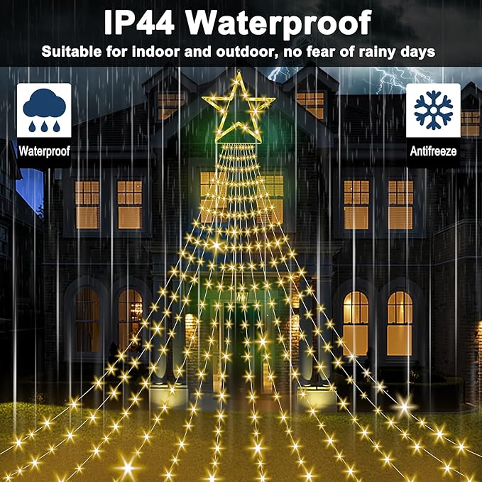 Onory Christmas Outdoor Star String Lights 23FT 860 LED Waterproof Waterfall Tree Lights with Star Topper, 8 Modes Christmas Decorations Outdoor Tree Lights for Patio, Yard, Party Holiday Dec