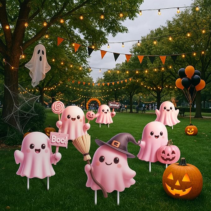 6 Pcs Halloween Ghost Yard Signs Lawn Outdoor Decorations 3D Ghost Yard Stakes for Halloween Home Front Yard Garden Party Supplies (Pink)