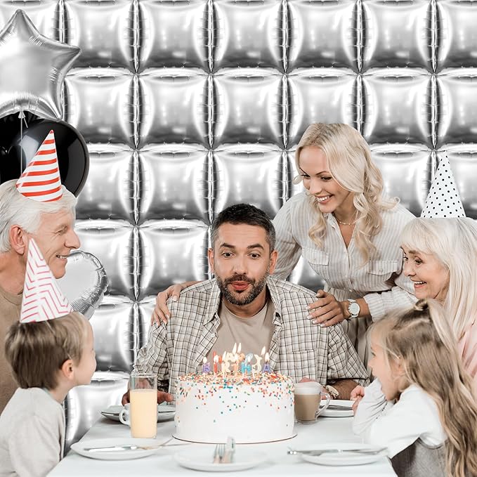 50 PCS Metallic Silver Square Foil Balloons Wall Backdrop 19'' Reusable DIY Mylar Balloon Tunnel Arch Kit for Birthday Engagement Bridal Baby Shower Graduation Bachelorette Party Decor