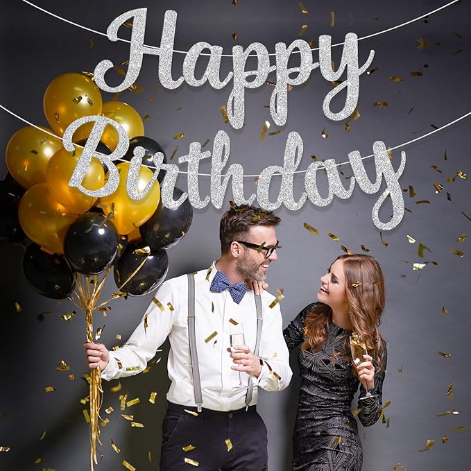 Glitter Happy Birthday Banner Sign Birthday Garland Wall Door Banners Flag for Women Men Boys Girls Party Backdrop Decorations Silver