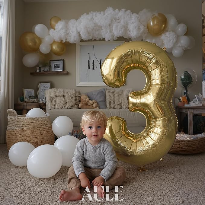 AULE 40 Inch Large 3 Balloon Numbers Light Gold, Big Foil Number Balloons, Giant Helium Happy Birthday Party Decorations for Man and Women, Huge Mylar Anniversary Party Supplies