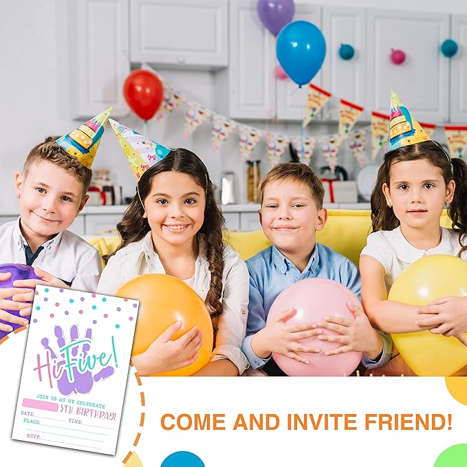 DETIHO 4" x 6" Hi Five Birthday Party Invitation Cards With Envelopes - Five Years Old Party - 5th Birthday Party Invitation - 20 Sets - E08