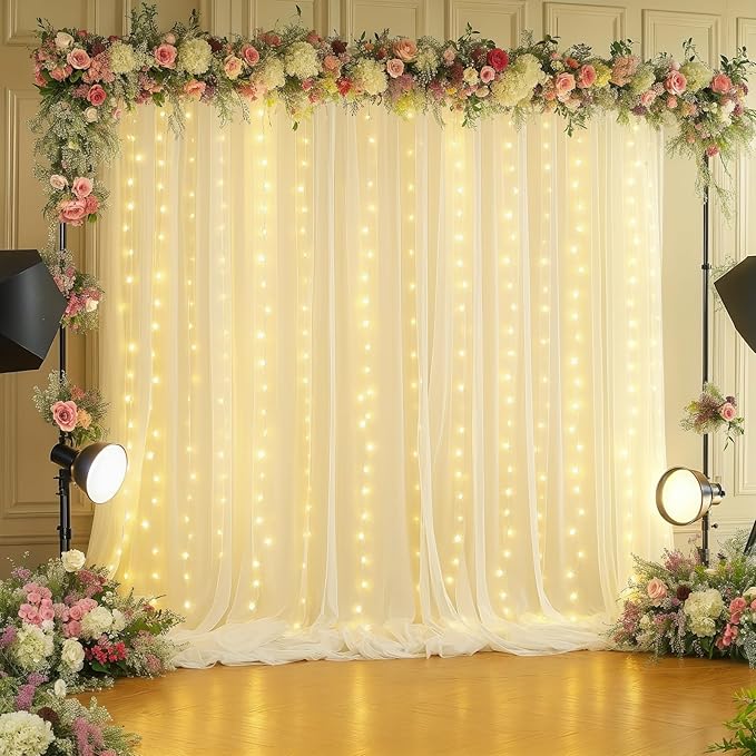 10x10FT Beige Wrinkle Free Backdrop Curtains with Lights String for Parties - Photo Curtain Backdrop with Lights for Wedding Decorations, Bridal Baby Shower Birthday Party Photography Background