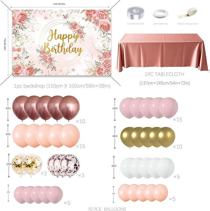 Rose Gold Floral Birthday Decorations for Women,Balloon Garland Kit, Pastel Nude Pink Metallic Matte White Balloons with Gold RoseGold Confetti for Princess Girl Party
