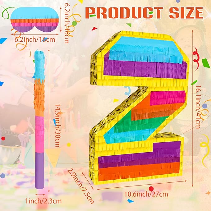Rainbow Number 2 Pinata Birthday Decorations for Kids, Rainbow Pinata with Bat Stick Blindfold for Boys Girls 2th Birthday Celebrations Baby Shower Party Supplies (16.1x10.6x2.9 Inches)
