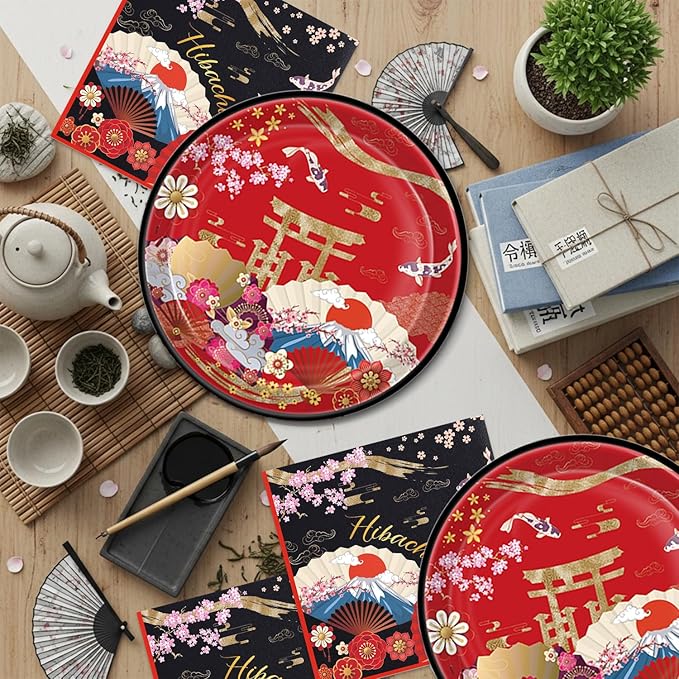 40Pcs Hibachi Birthday Party Plates and Napkins for 20 Guests Tableware Hibachi Supplies Oriental Crane Plum Folding Fans Japanese for Kids Baby Shower Birthday Party Decorations