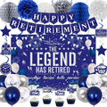 Retirement Party Decorations Blue Silver Happy Retirement Decorations for Men Women, Happy RetIrement Banner, Retired Backdrop, Balloons, Pompoms, Hanging Swirls, Retired Cards, Cake Toppers Set 54pcs
