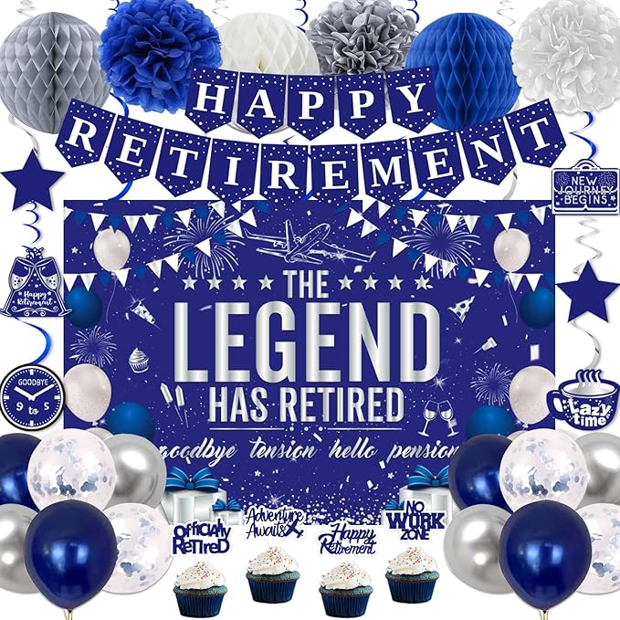 Retirement Party Decorations Blue Silver Happy Retirement Decorations for Men Women, Happy RetIrement Banner, Retired Backdrop, Balloons, Pompoms, Hanging Swirls, Retired Cards, Cake Toppers Set 54pcs