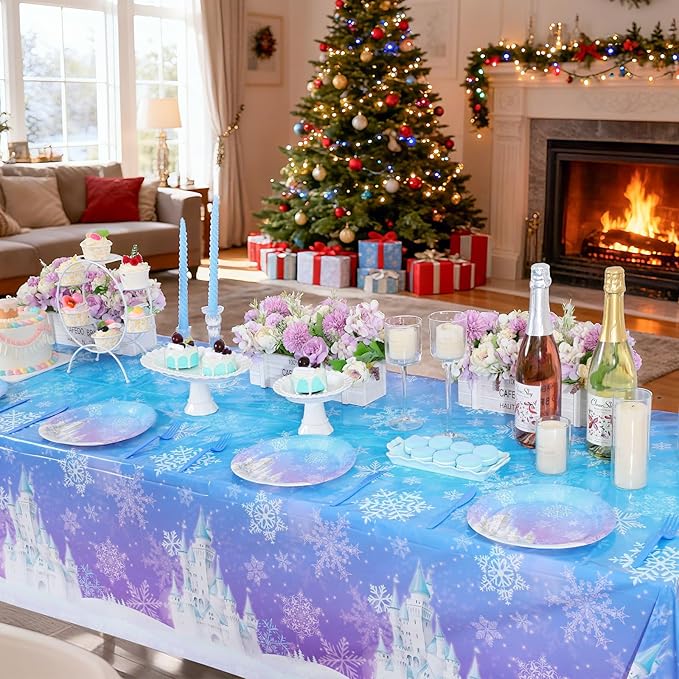 3 Pack Frozen Tablecloth, 54 x 108 Inch Snowflake Plastic Tablecloths Blue and Purple Snowflakes Table Cover, Winter Wonderland Table Cloth for Holiday Frozen Birthday Party Supplies