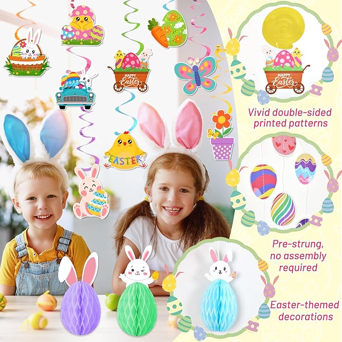 Easter Decorations for Home Easter Party Decorations Includes Happy Easter Banner Easter Garland Egg Bunny Easter Hanging Decorations Swirls Honeycomb Balls for Holiday Party Home Classroom Office