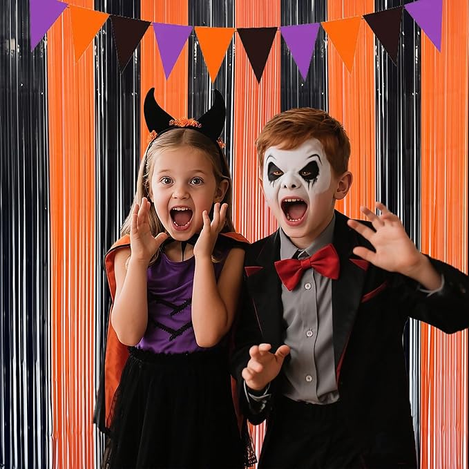Halloween Party Decorations Indoor, Black and Orange Halloween Backdrop Foil Fringe Tinsel Curtains Streamer for Photography - 2 Packs, 3.28 x 6.56ft