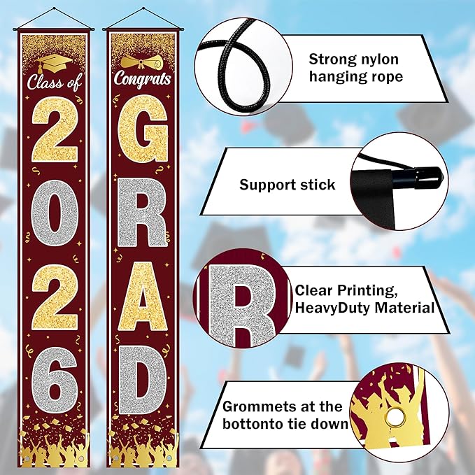 OHOME Graduation Decorations 2026 - Maroon Gold Congrats Grad Porch Banner for Graduation Party Decorations - Class of 2026 - Party Favors Supplies Backdrop Yard Signs Decor (Maroon)