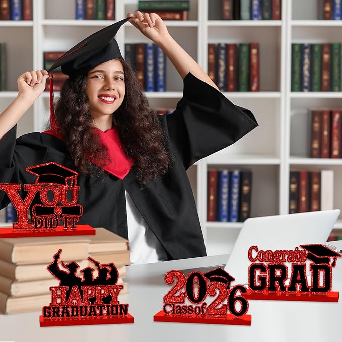 4Pcs Graduation Decorations Class of 2026 Wood Table Centerpieces Congrats Grad Wooden Sign Graduation Table Toppers Congratulate Tiered Tray Decor for 2026 Graduation Party(Red-Black)