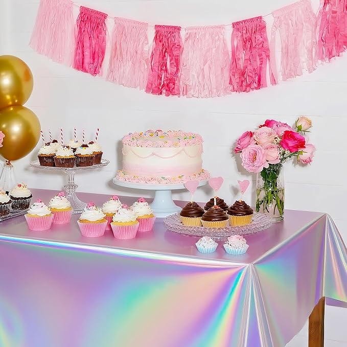 2 Pack Iridescent Tablecloth, 54" x 108" Birthday Party Table Cloths Iridescence Plastic Disposable Table Covers Iridescent Party Decorations, Birthday Decor Tablecloth for Buffet Table