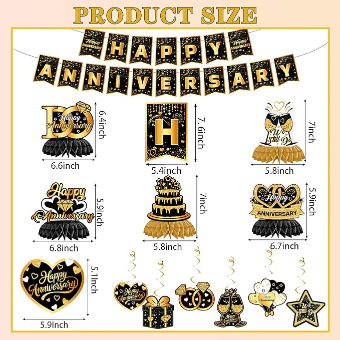 Happy Anniversary Decorations - Black Gold Wedding Party Decorations Kit, Happy Anniversary Banner, Backdrop, Hanging Swirls for Work Decorations (Black Gold)