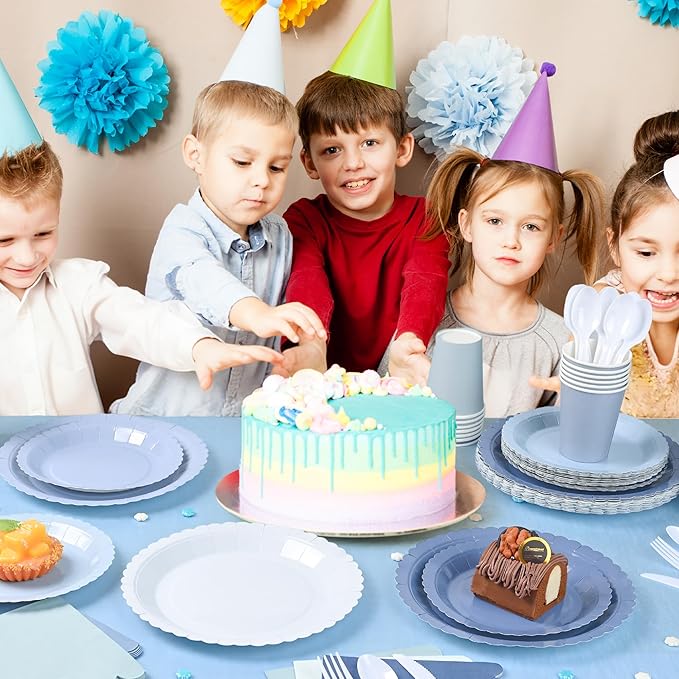 168 Pcs Dusty Blue Paper Plates and Napkins, Baby Blue Paper Plates Party Supplies for 24 Guests Include Gradient Scalloped Plates Paper Napkin Cup Knife Fork Spoon for Baby Shower, Wedding, Birthday