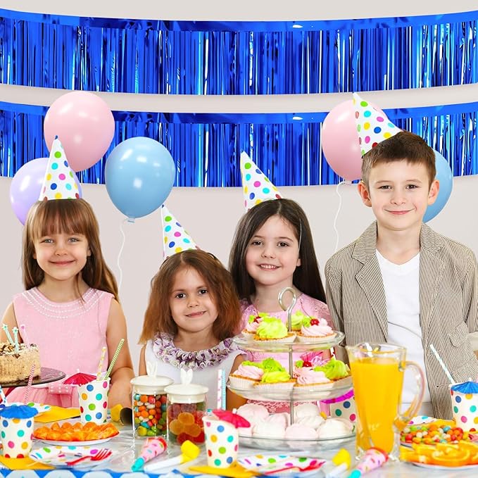 4 Packs Foil Fringe Garland Tinsel Streamers Shiny Wall Hanging Birthday Banner Backdrop for Graduation Wedding Anniversary Celebration Happy Birthday Party Decorations Blue