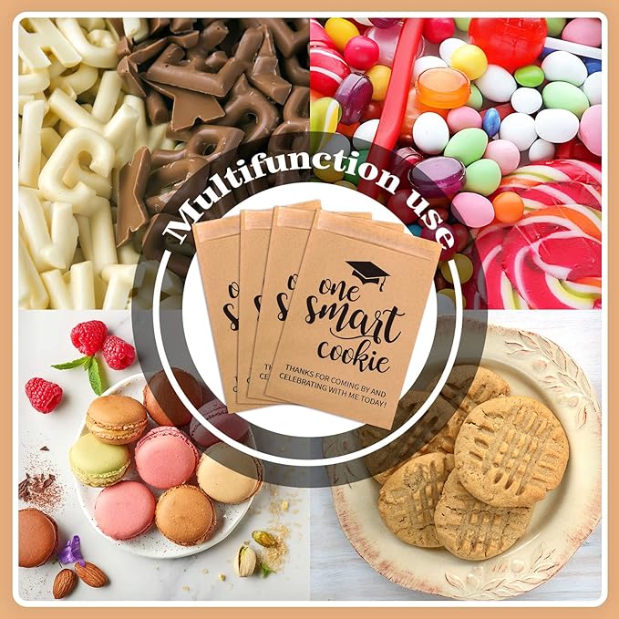 Whaline 100 Pack Graduation Candy Cookie Gift Bags One Smart Cookie Self-Adhesive Buffet Treat Bag Congrats Grad Kraft Paper Treat Gift Bags for Graduation Party Decoration Supplies